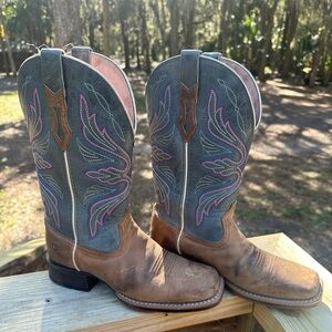 Ariat Brown and Gray Heeled Boots with Pink Stitching